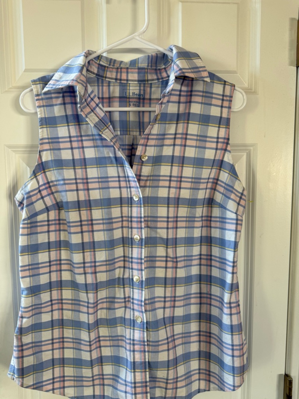 L.L. Bean Sleeveless Plaid Button-Front Top in Blue, Pink & White